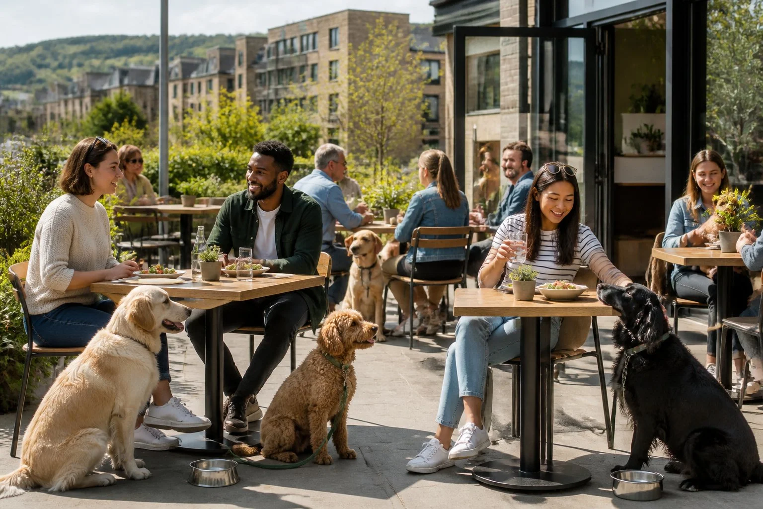 People dining with their dogs on the outdoor terrace of a welcoming restaurant.