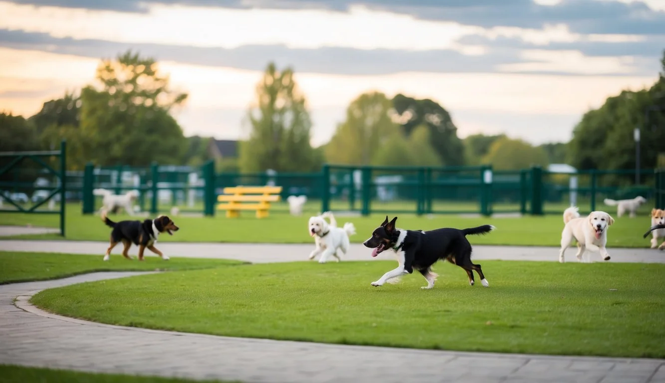 A lively dog park in Sheffield with green grass, fenced areas, and dogs playing